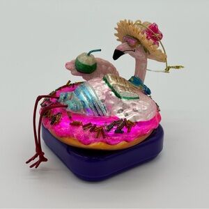 Pink Flamingo Donut Holiday Ornament with Straw Hat